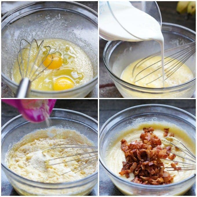 Four step by step photos to show how to make the muffin batter.