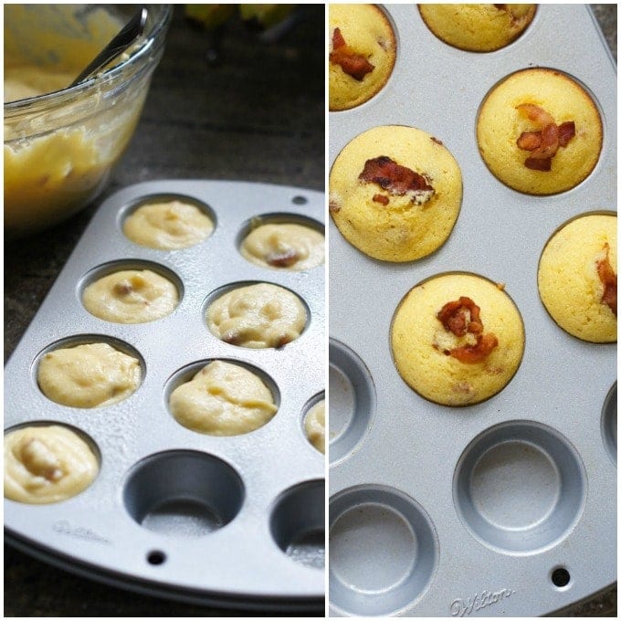 The muffin dough in a baking tin before and after being baked.