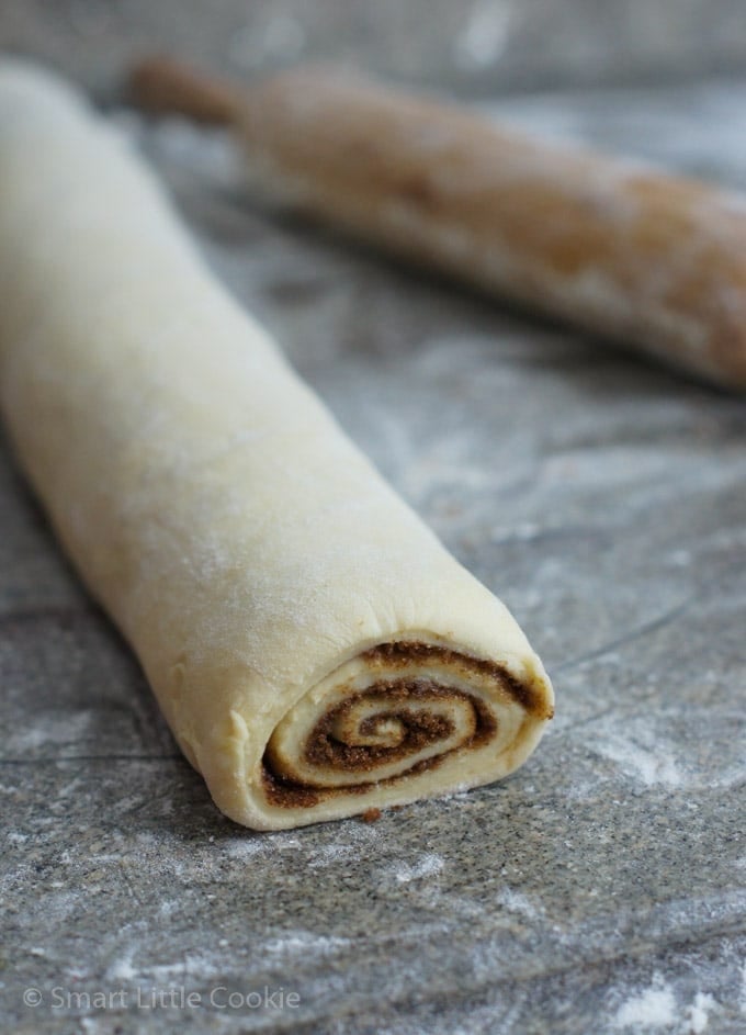 Close up of a piece of the rolled pastry.