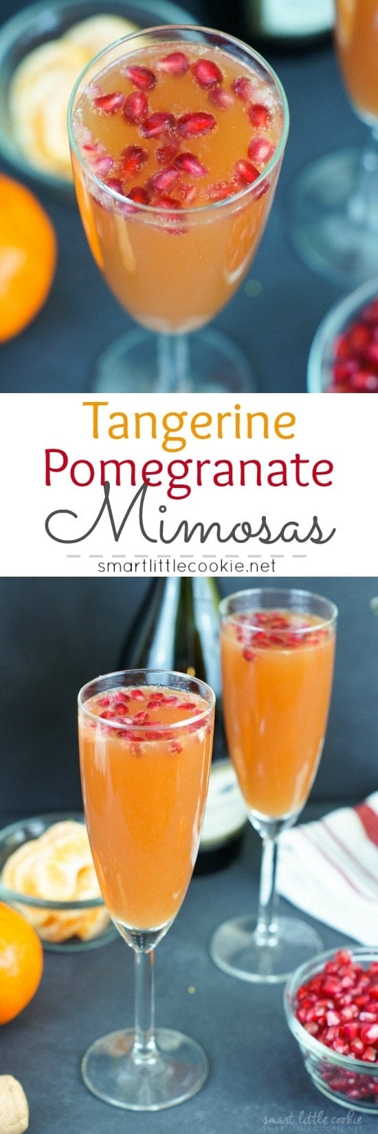 Pinterest graphic. Tangerine pomegranate mimosas with text overlay.