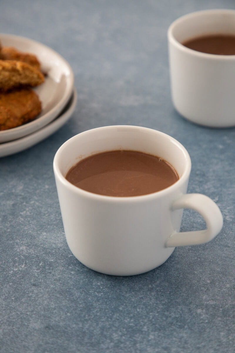 A warm cup of rich hot chocolate served in a white mug.