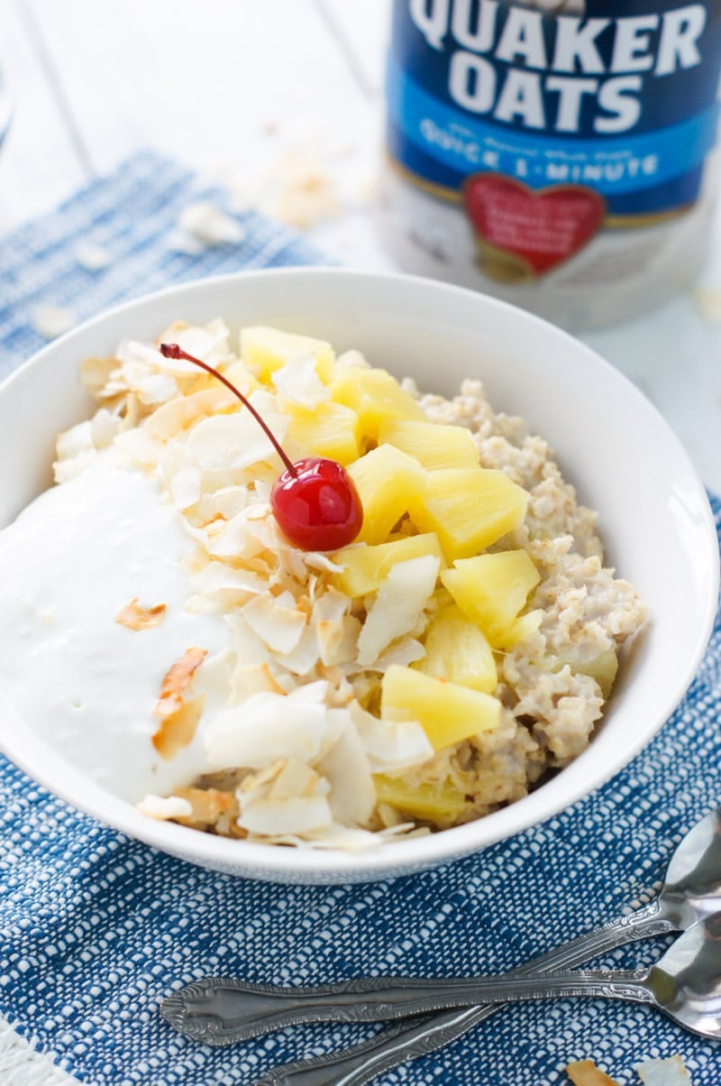 Pina colada oatmeal served in a white bowl.