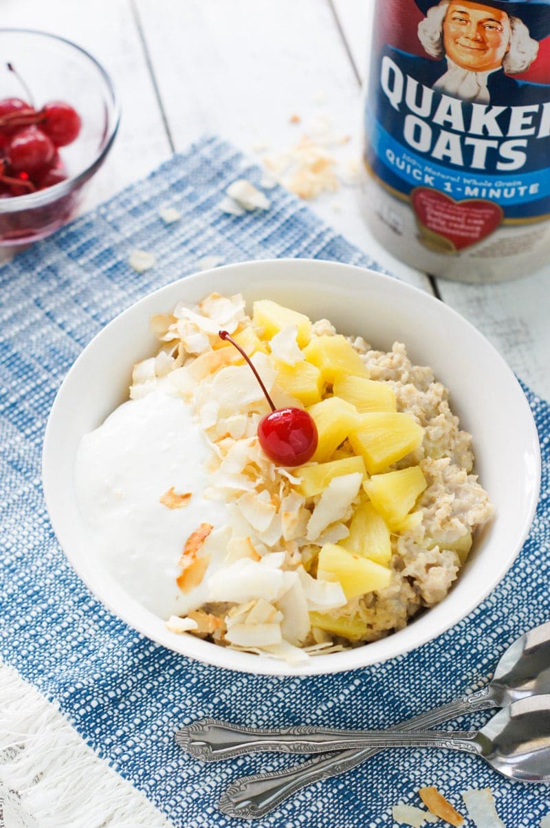 Pina colada oatmeal in front of a package of oats.