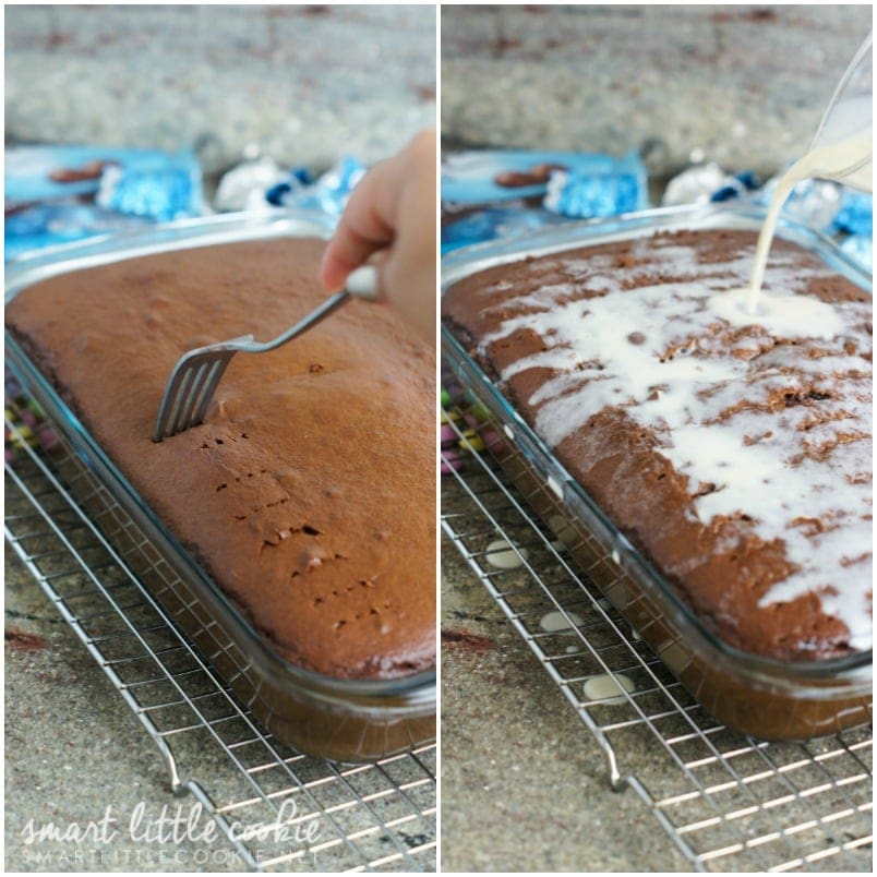 Poking holes in the cake and pouring the glaze over the top,