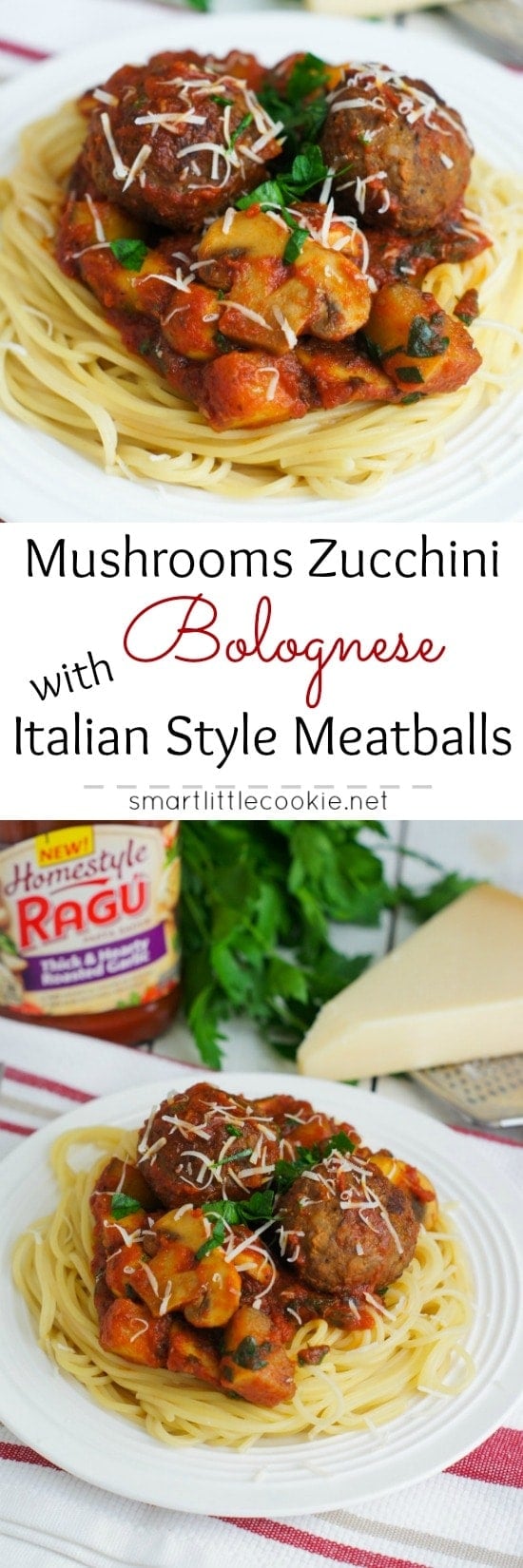 Pinterest image. Bolognese with meatballs with a text overlay.