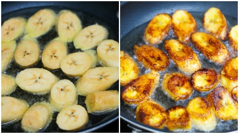 sweet plantain slices being cooked on a frying pan with oil.