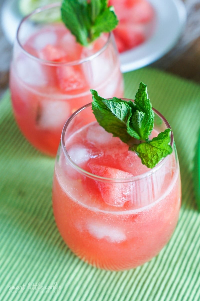 Two glasses of watermelon agua fresca.