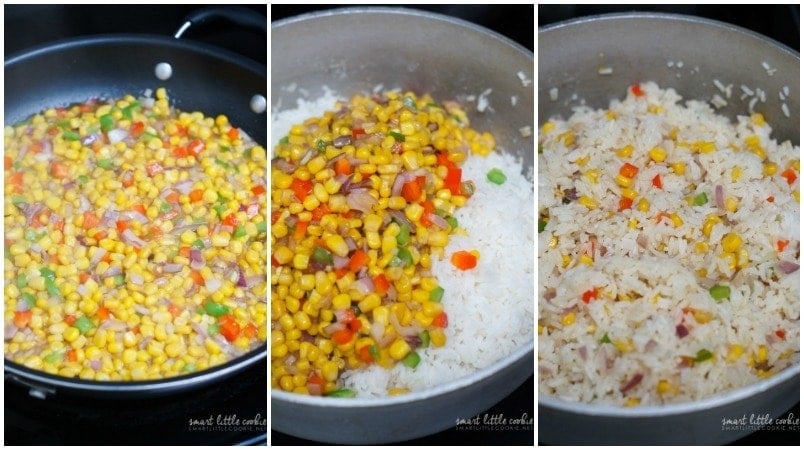 Three step by step photos to show how to make arroz primavera.