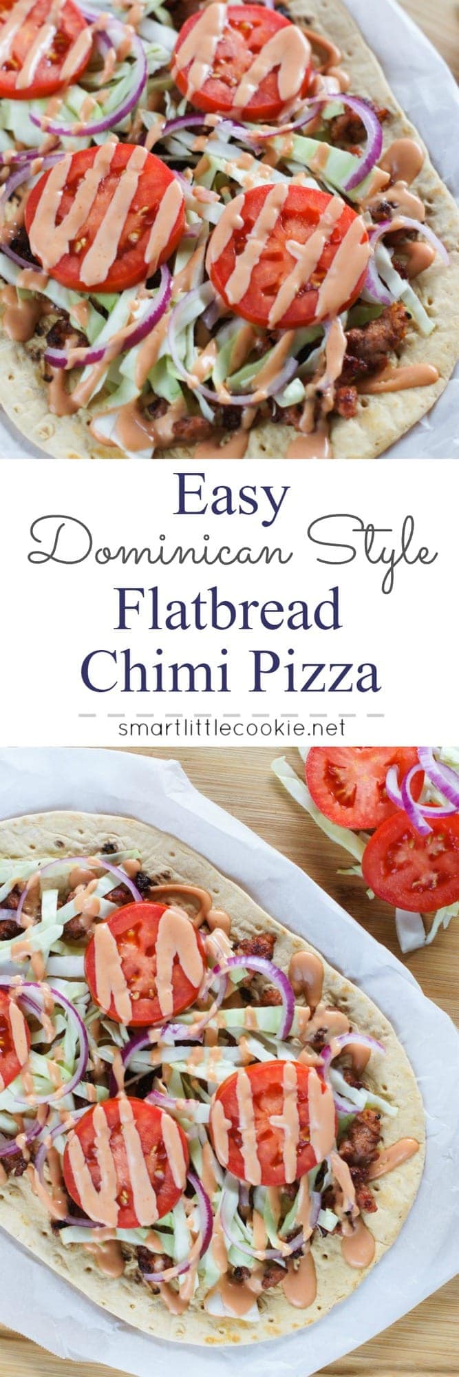 Pinterest graphic. Flatbread chimi pizza with text overlay.