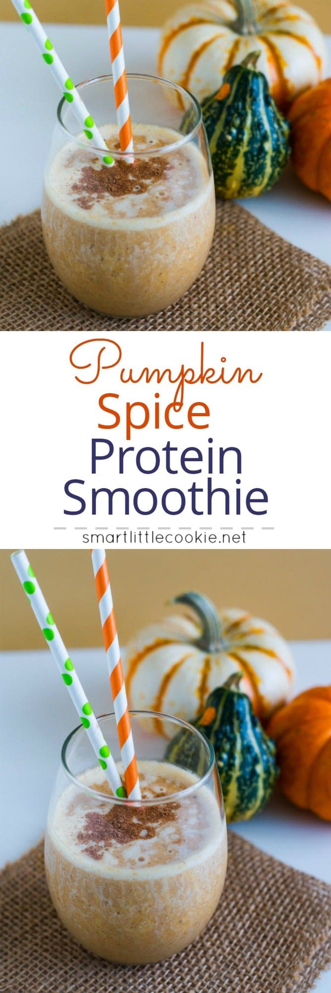 Pinterest graphic. Pumpkin spice protein smoothie with text overlay.