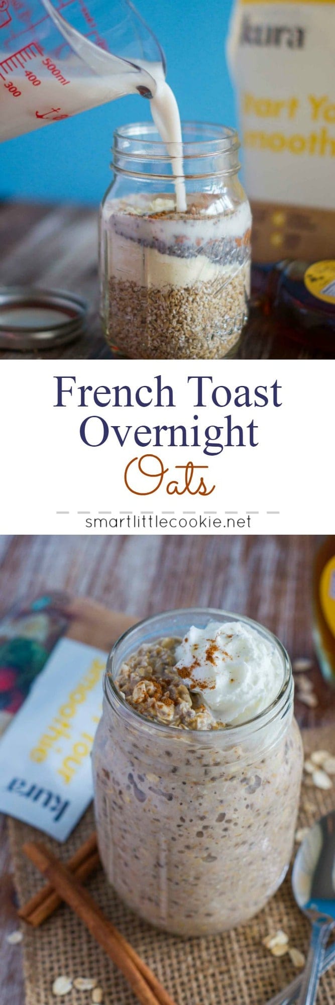 Pinterest graphic. French toast overnight oats with text overlay.