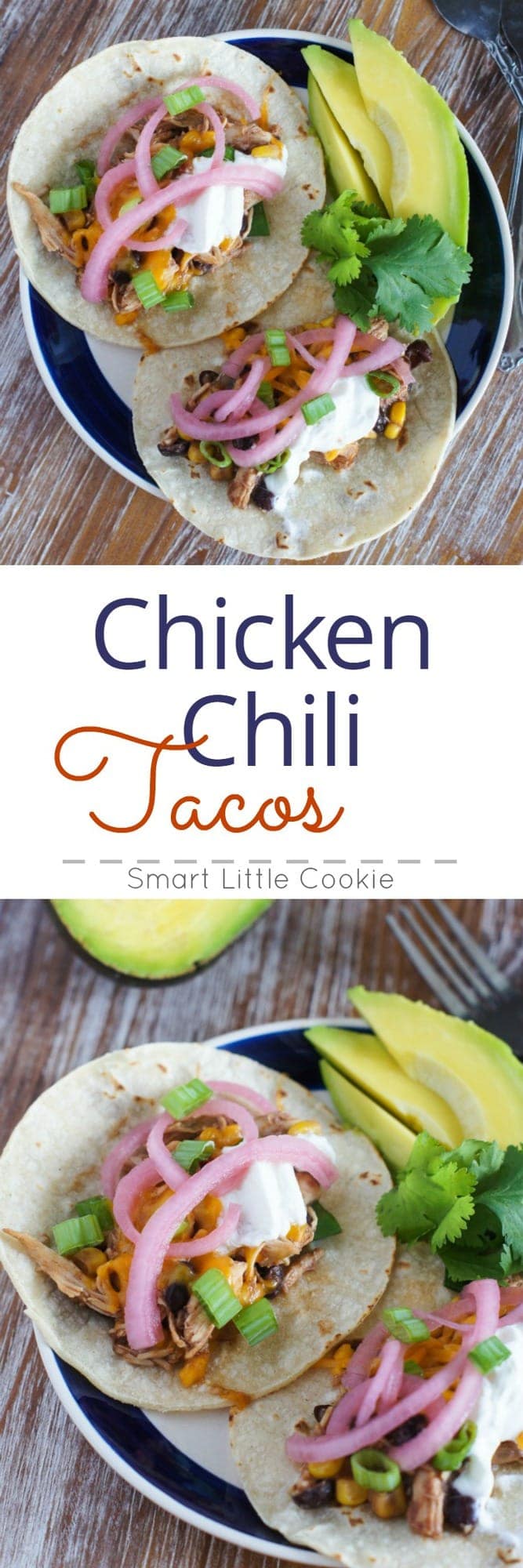 Chicken Chili Tacos ~ The easiest, quickest and most flavorful tacos made with the best leftover slow cooker chicken chili, corn tortillas, avocados, pickled onions and sour cream.