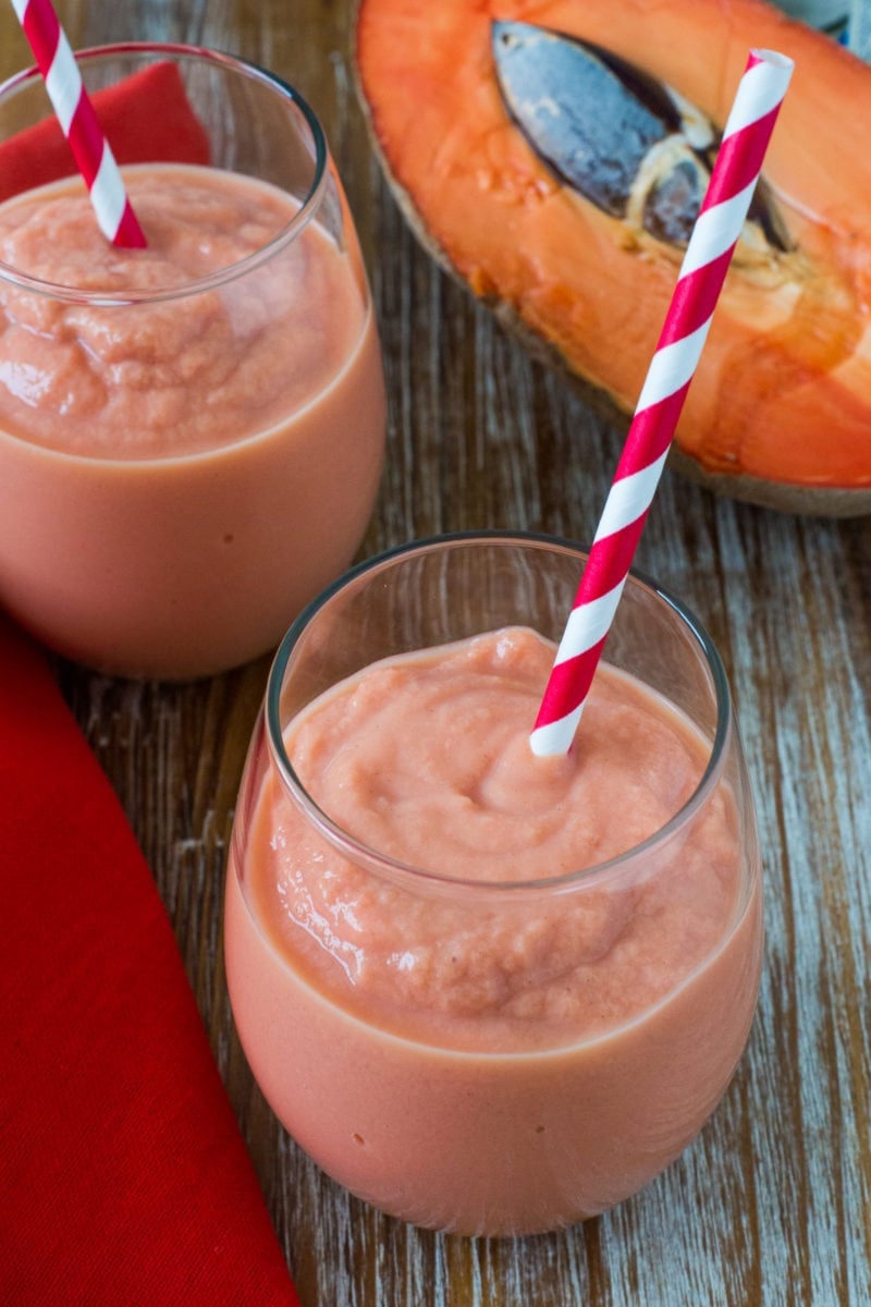 Overhead shot of a mamey smoothie served in two glasses.