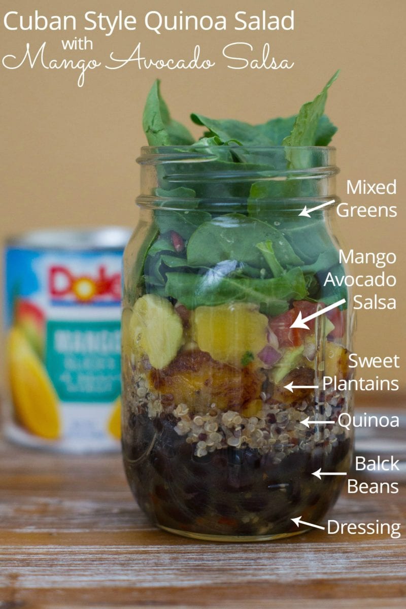 The salad layered in a glass jar with text labels describing each layer.