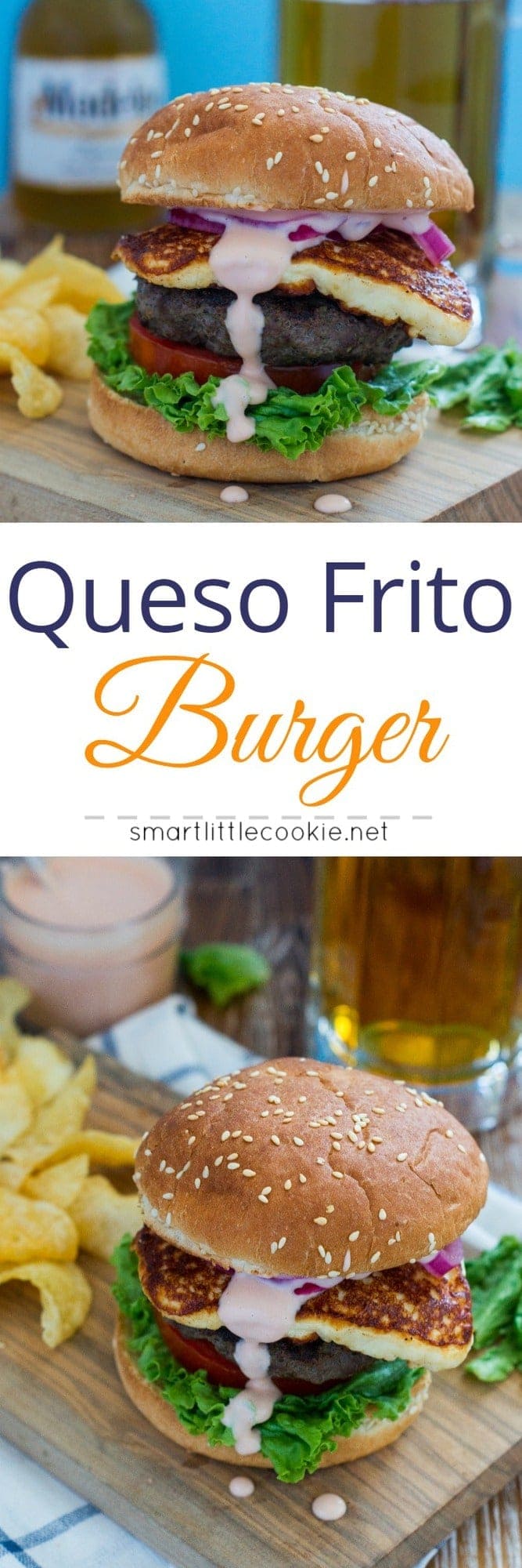 Pinterest image. Queso frito burger with text overlay.