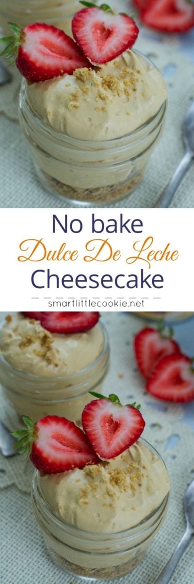 Pinterest graphic. No bake dulce de leche cheesecake with text overlay.