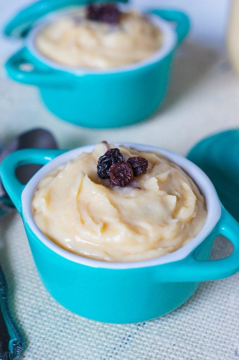 Sweet potato pudding topped with raisins.