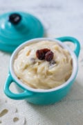 Sweet potato pudding served in a blue ceramic dish.