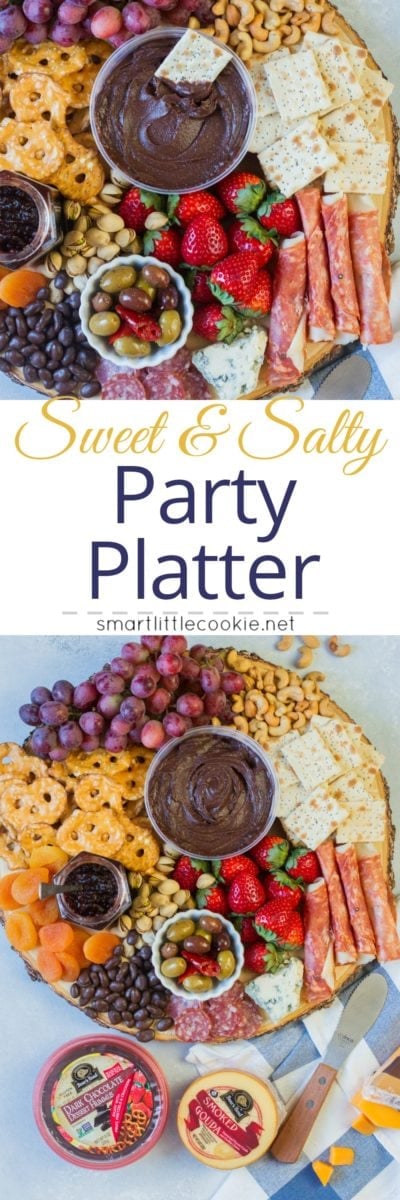 Pinterest graphic. Sweet and salty party platter with text.