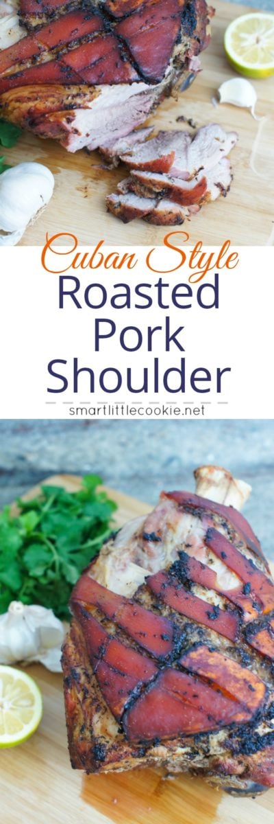 Pinterest graphic. Roasted pork shoulder with text overlay.