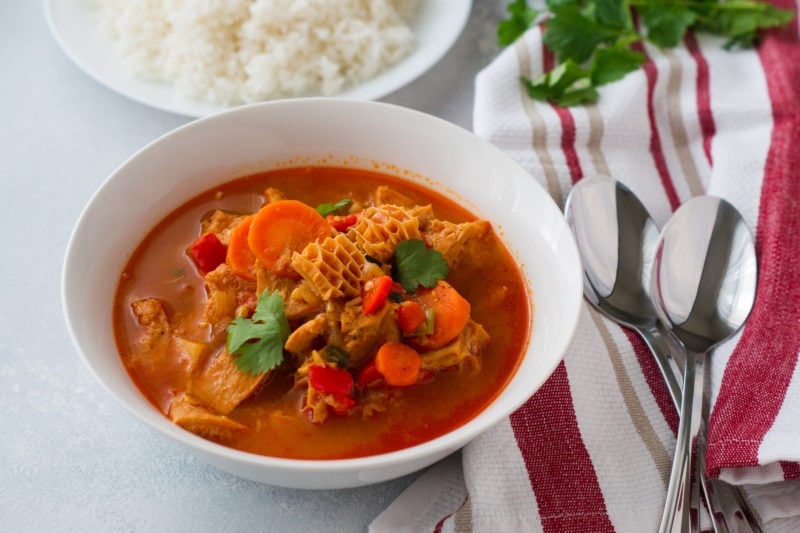 Mondongo served on a white bowl.