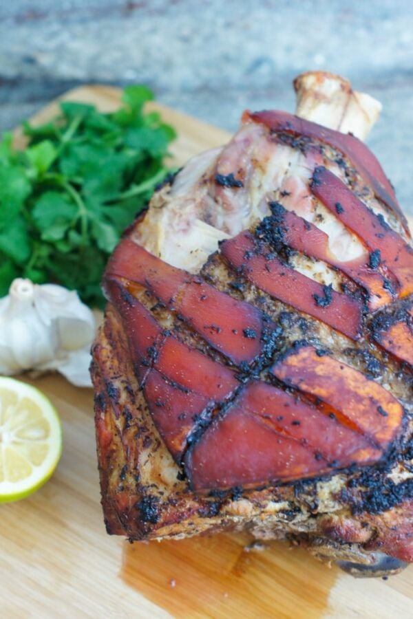 Close up of a roasted pork shoulder.