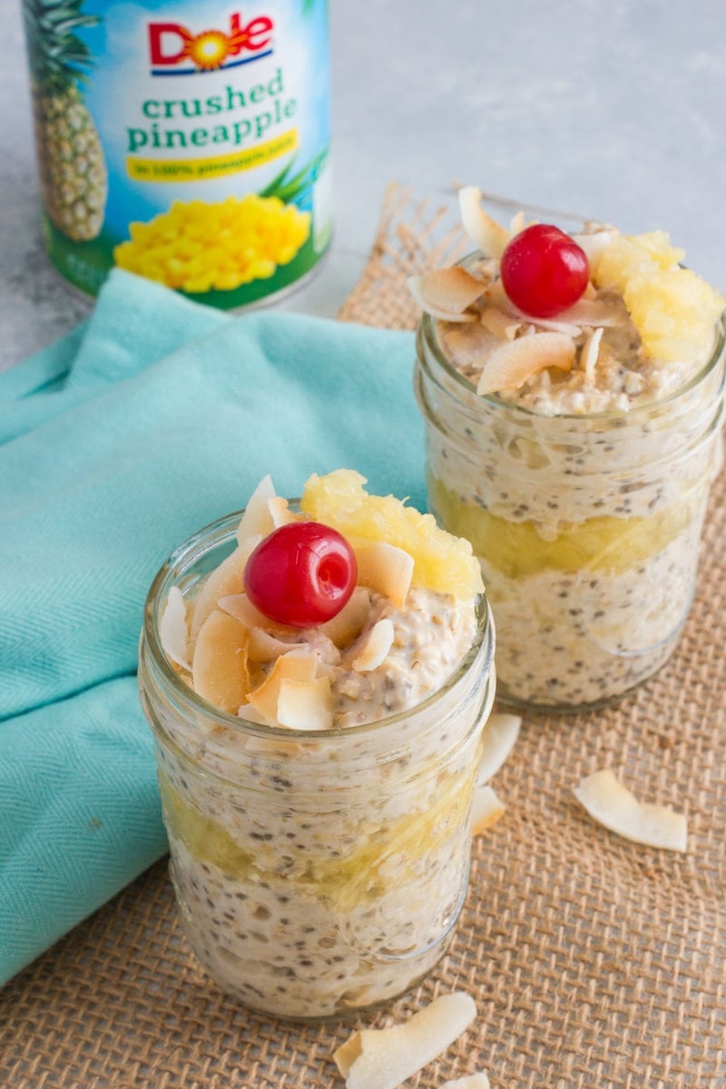 Overnight oats served in two jars.