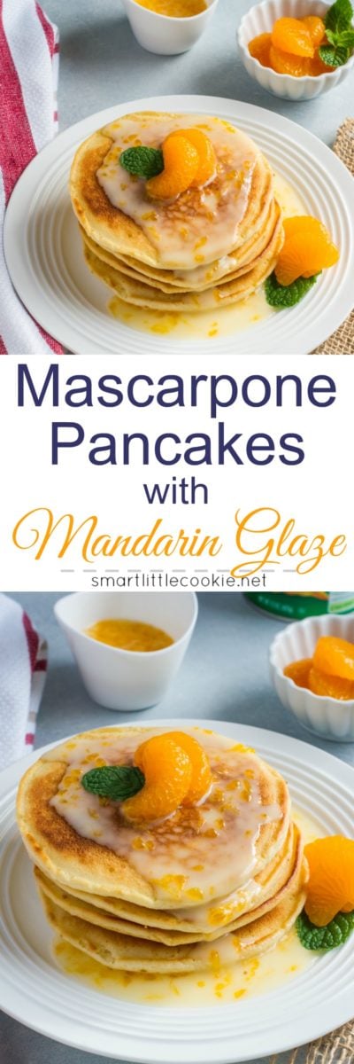 Pinterest graphic. Mascarpone pancakes with a text overlay.