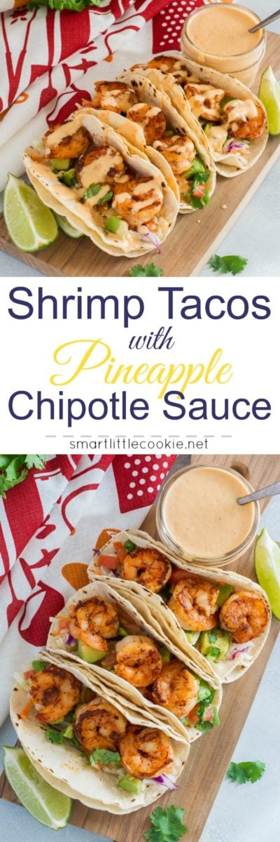 Pinterest graphic. Shrimp tacos with text overlay.