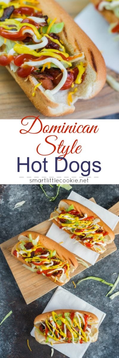 Pinterest graphic. Dominican style hot dogs with text overlay.