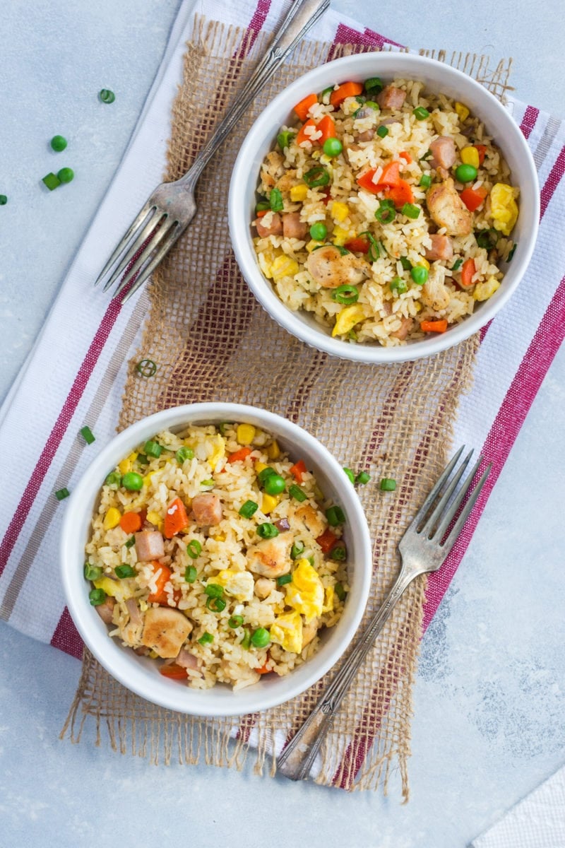 Two bowls of Dominican fried rice.