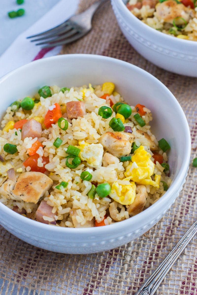 Close up of the fried rice in a white bowl.