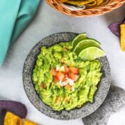 Overhead shot of guacamole in a bowl.