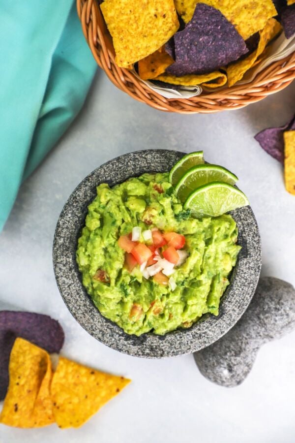 Overhead shot of guacamole in a bowl.