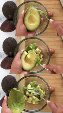 Slicing the avocado and spooning it into a bowl