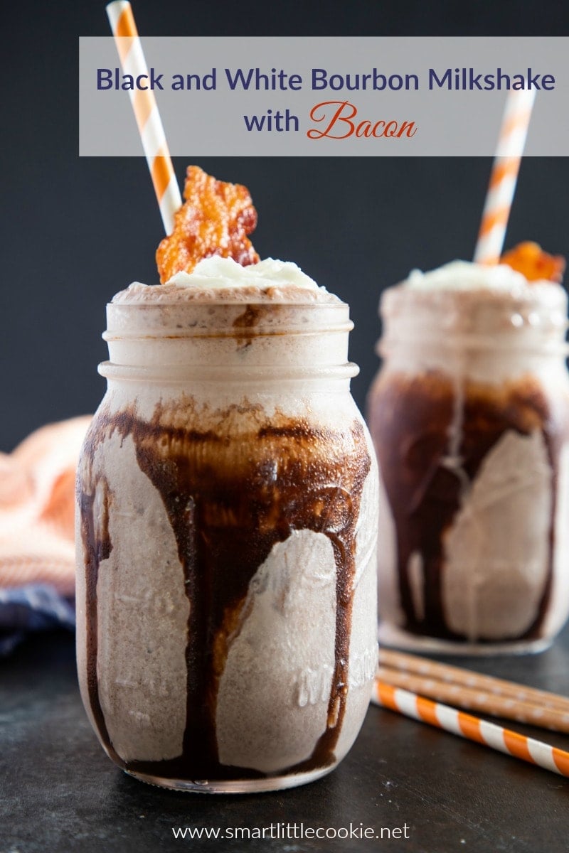 Two bourbon milkshakes topped with cream and garnished with crispy bacon.