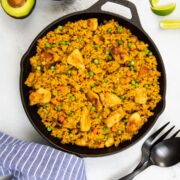 Mexican chicken and rice served in a skillet.