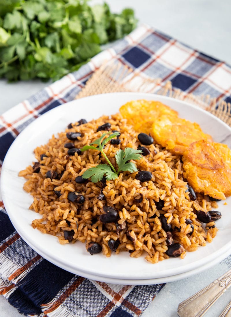 Black Beans and Rice (Congri) served on a plate and garnished with cilantro