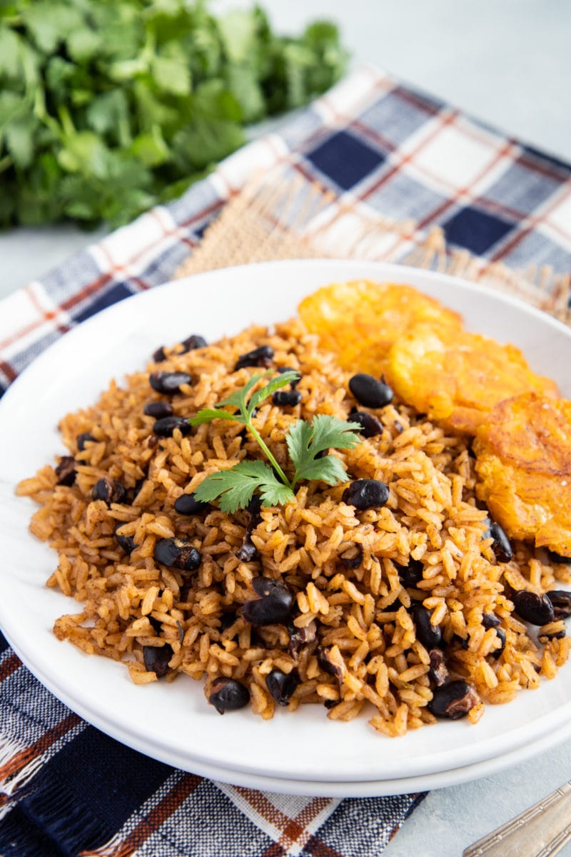 Black Beans and Rice (Congri) served on a white plate