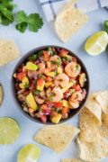 Overhead shot of shrimp salsa in a large bowl next to tortilla chips and lime wedges.