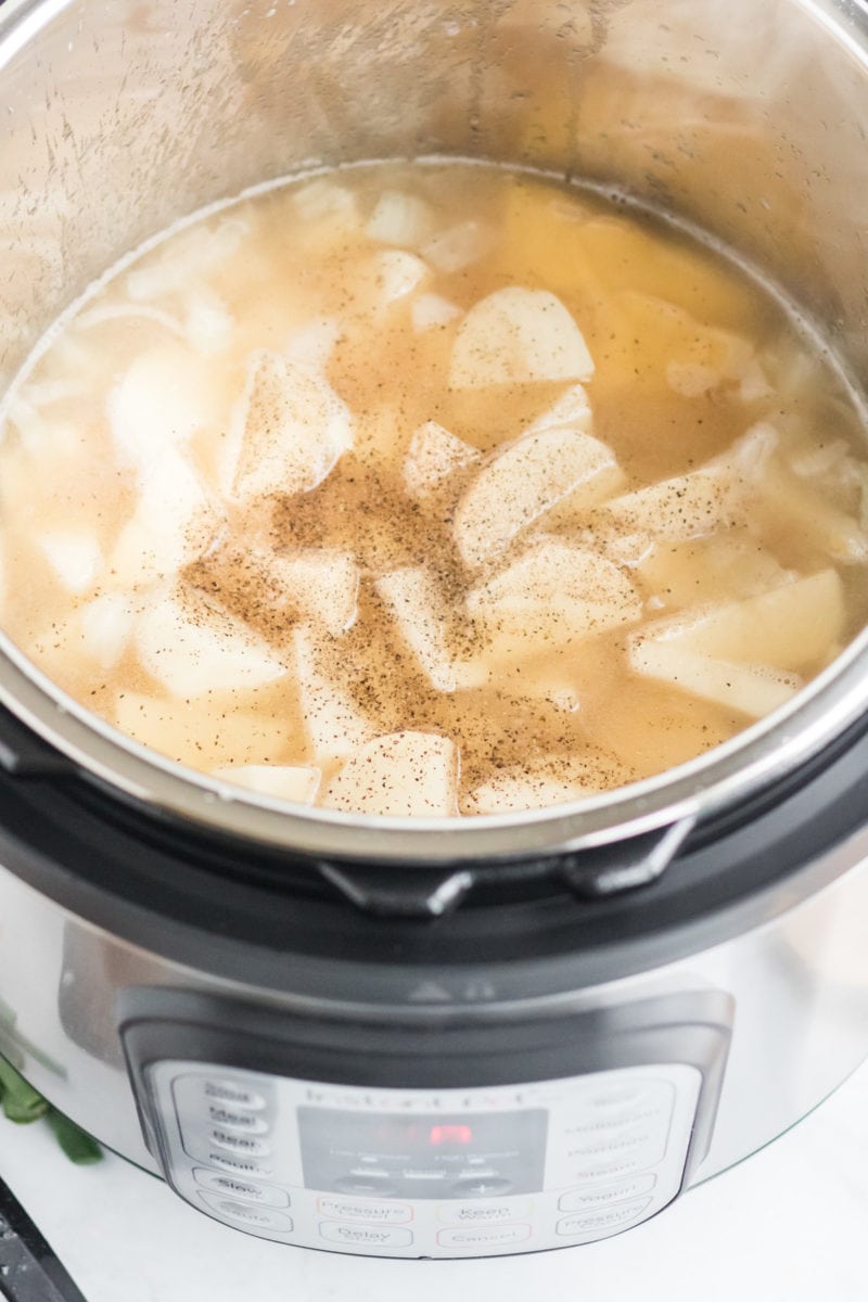 The potato soup in the Instant Pot before being blended.