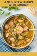 lentil stew with shrimp in a laddle