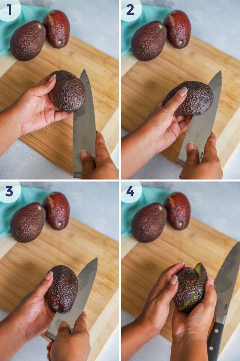 slicing avocado lengthwise with a knife - collage