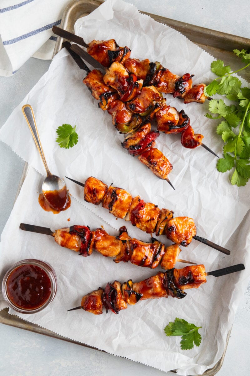 Chicken Skewers with Guava BBQ Sauce on a sheet pan