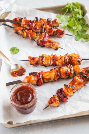 Chicken Skewers with Guava BBQ Sauce on a sheet pan