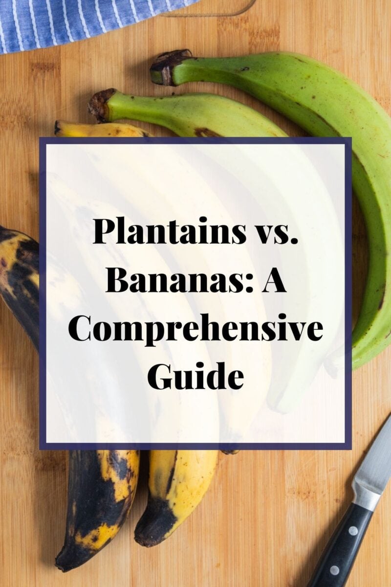 Plantains on a wooden chopping board with text overlay