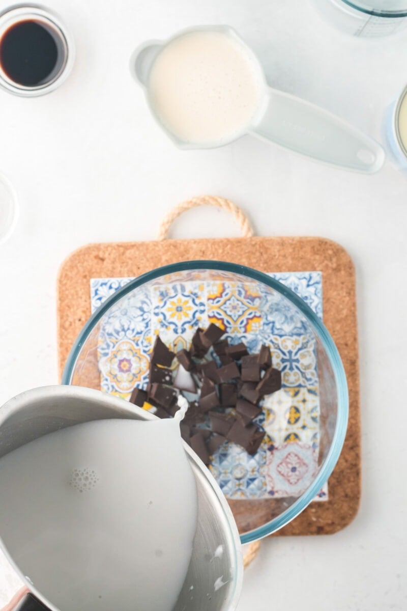 Milk being poured over chocolate.