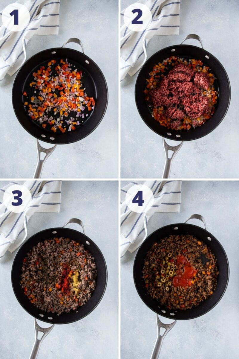 beef picadillo ingredients in a pan cooking