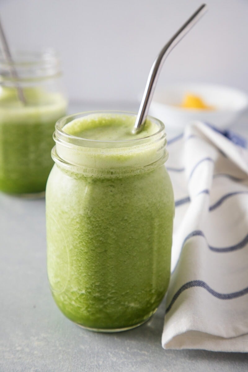 Pineapple and Spinach Smoothie in a mason jar