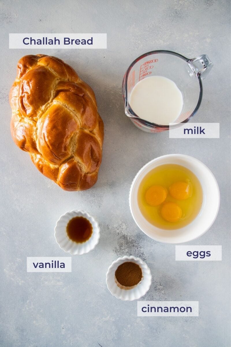 Challah Bread French Toast Ingredients on a board